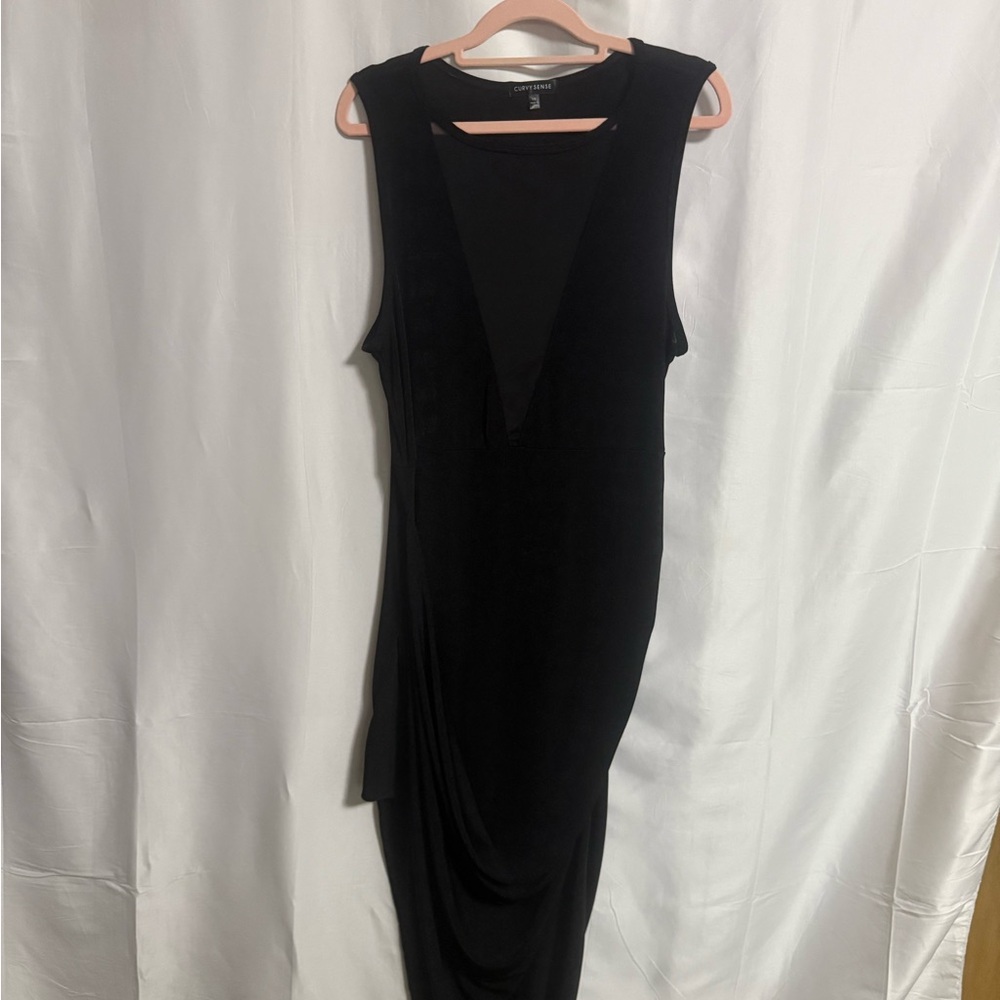 Curvey Sense Chic Black Sleeveless Dress with Sheer Panel in the V Neck Sz 1X